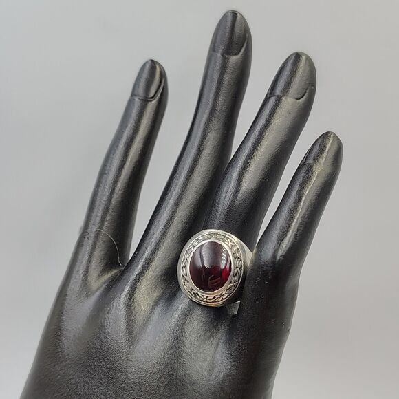 Vintage 1940s Sterling Silver 925 Lab Ruby Cabochon Signed Ring Sz 7 Unisex - Picture 8 of 16